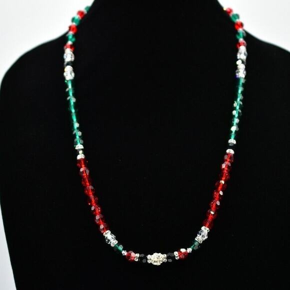 Vintage Christmas Crystal Beaded Necklace Glass Red Green Silver Holiday BinG - Picture 3 of 12
